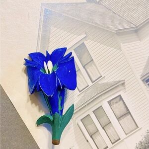 Vintage Early Plastic Cobalt Blue Enzian Gentian Flower Brooch